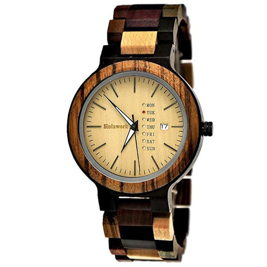 Holzwerk Herrenuhr Matrix Holz Design mit Datum in Braun Beige - Holzwerk