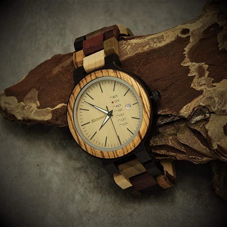 Holzwerk Herrenuhr Matrix Holz Design mit Datum in Braun Beige - Holzwerk