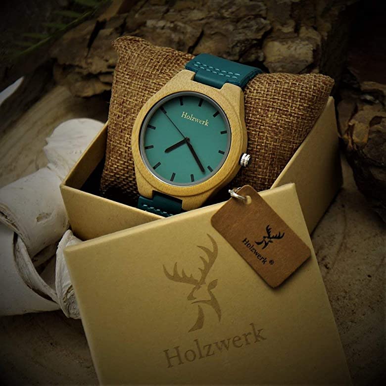 Holzwerk Damen & Herren Designer Holzuhr Holz Leder Uhr Beige Tuerkis - Holzwerk