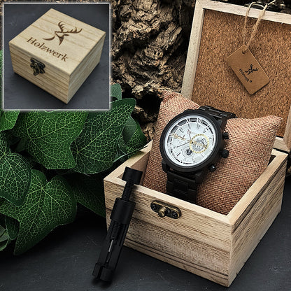 Holzwerk BRUCHSAL Damen, Herren Chronograph Holz & Edelstahl Armband Uhr, Datum, moderne Armbanduhr, modische Holzuhr, Schwarz, weiß, Uhrenbox