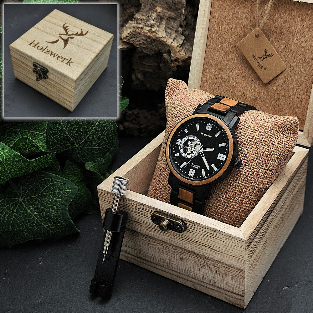 Holzwerk DORNBURG Damen, Herren Automatik Holz & Edelstahl Armband Uhr, moderne Automatikuhr, modische Armbanduhr in schwarz, beige, weiß, Uhrenbox