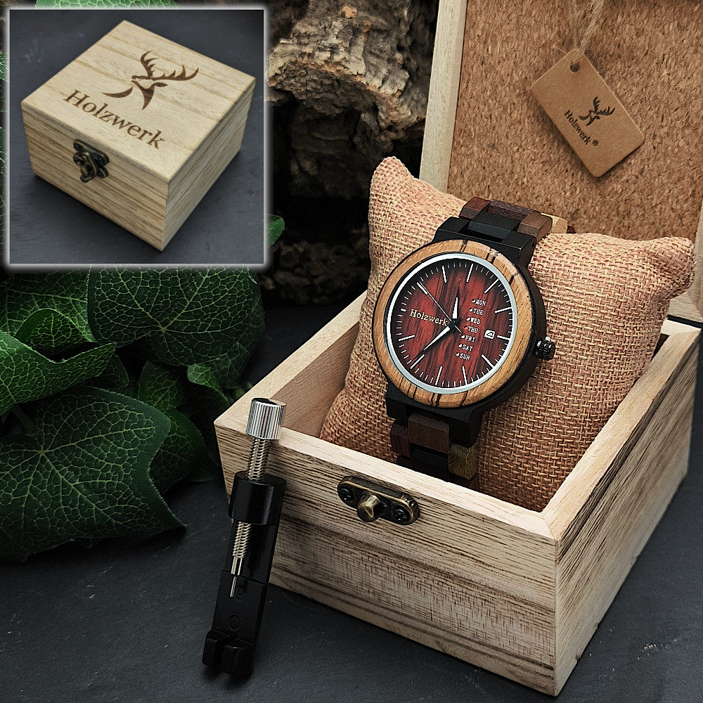 Holzwerk SOLINGEN Damen, Herren Holz Armband Uhr mit Datum, moderne Damenuhr, Designer Holzuhr, modische Armbanduhr, Bordeaux rot, braun, Uhrenbox