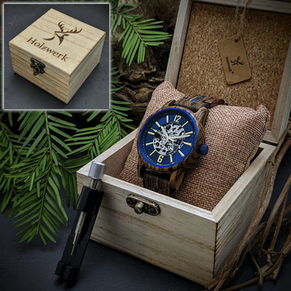 Holzwerk Reloj mecánico automático de madera para hombre marrón azul dorado