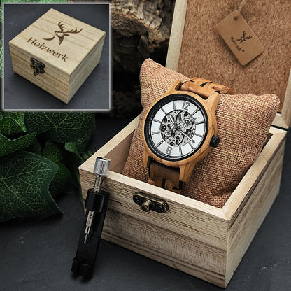 Holzwerk reloj mecánico automático de madera para hombre beige plata gris