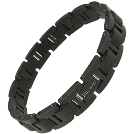 Holzwerk BALZSEE anthrazit-braunes  Holz Armband aus Ebonyholz und Edelstahl mit Gliederkonstruktion Schrägansicht