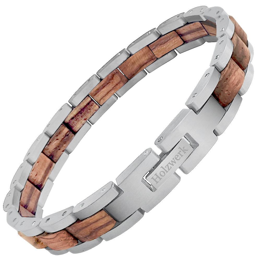 Holzwerk BEVERSEE silber-braunes Holz Armband aus Zebraholz und Edelstahl mit Gliederkonstruktion Frontansicht