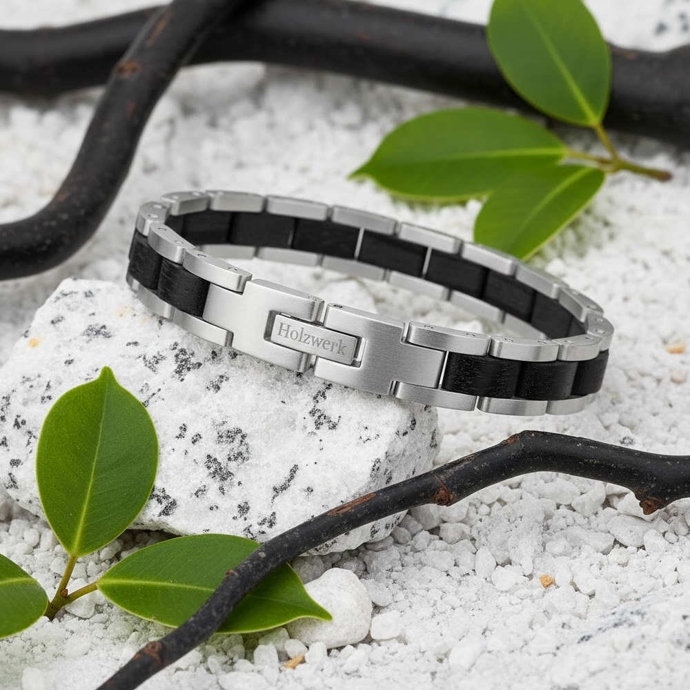 Holzwerk CARPSEE silber-schwarzes  Holz Armband aus Ebony Holz und Edelstahl mit Gliederkonstruktion, Lifestyle Foto