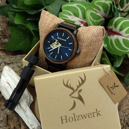 Holzwerk Men's Mechanical Automatic Wooden Watch Black Brown Blue