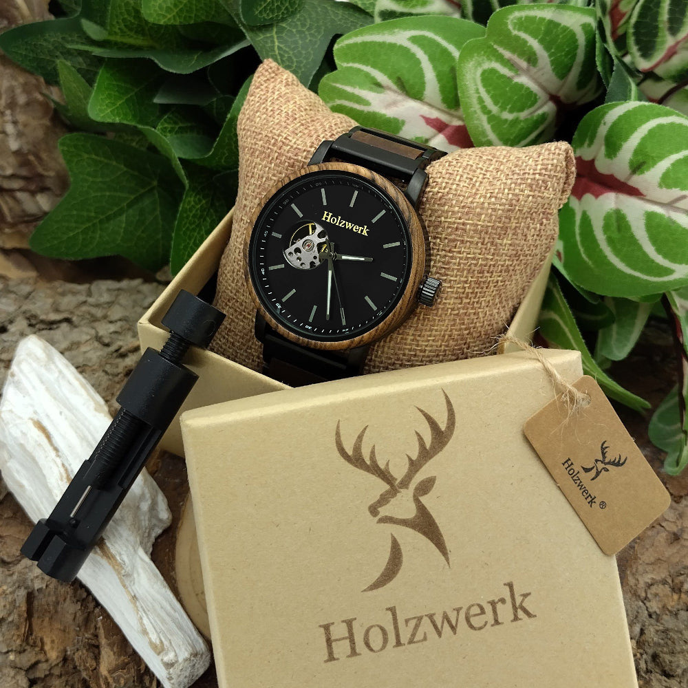 Holzwerk reloj mecánico automático de madera para hombre negro marrón