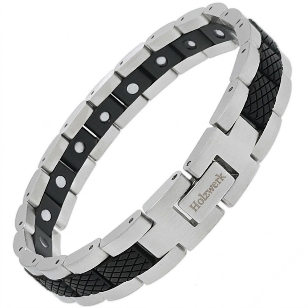 Holzwerk COLPINSEE silber-schwarzes  Holz Armband aus Ebonyholz und Edelstahl mit Gliederkonstruktion Schräglage