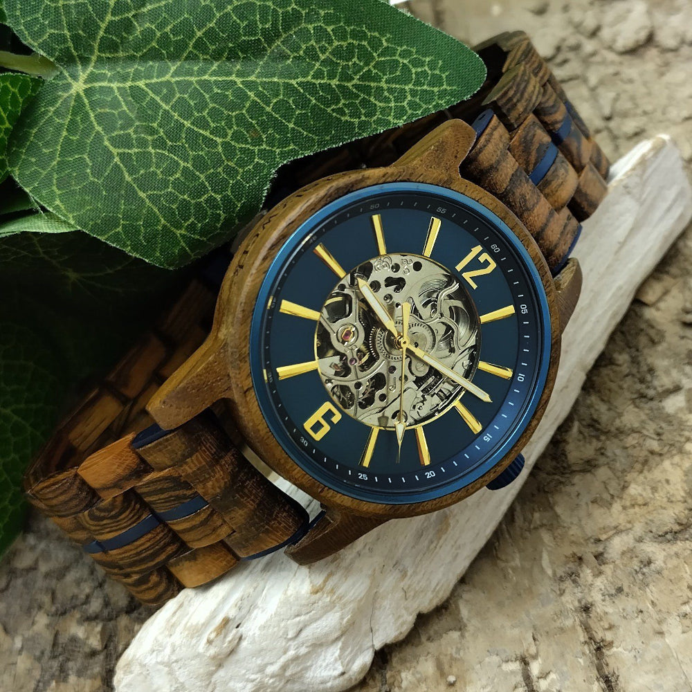 Holzwerk men's mechanical automatic wooden watch brown blue gold