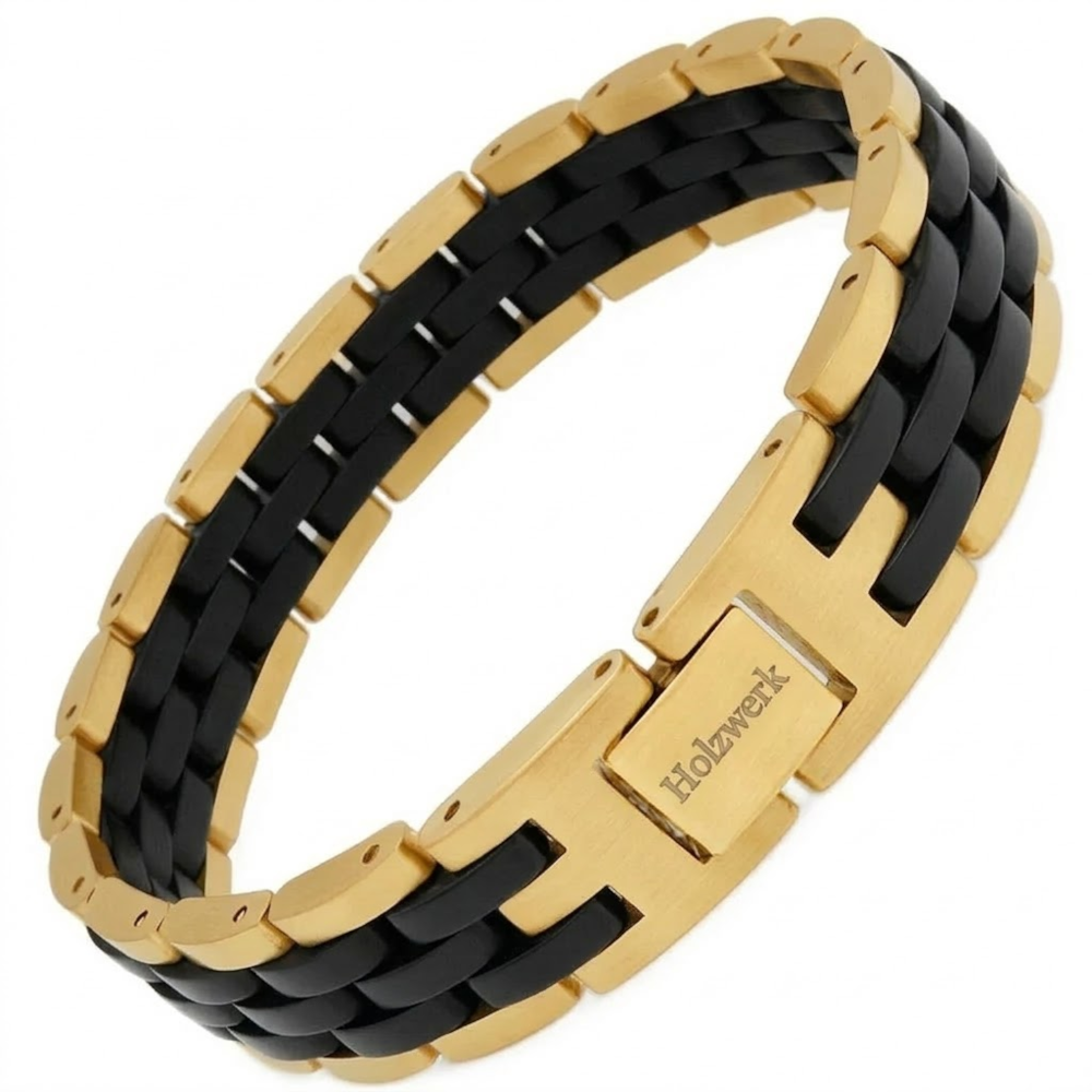 Holzwerk DEHMSEE gold-schwarzes Holz Armband aus Ebonyholz und Edelstahl mit Gliederkonstruktion Schrägansicht
