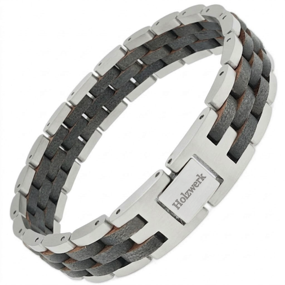 Holzwerk EDERSEE silber-graues Holz Armband aus Olivenholz und Edelstahl mit Gliederkonstruktion Schrägansicht