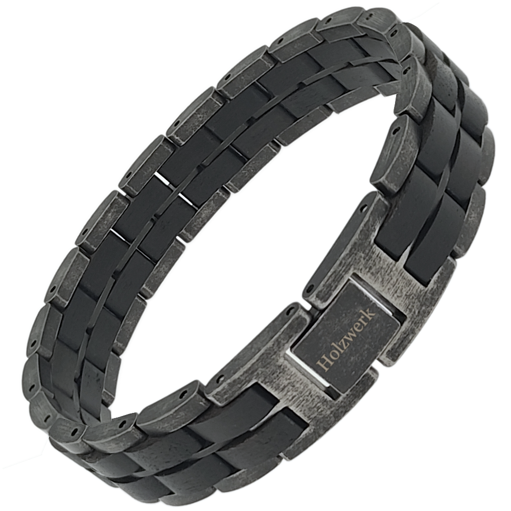 Holzwerk GAMENSEE anthrazit-graues  Holz Armband aus Ebonyholz und Edelstahl mit Gliederkonstruktion Schrägansicht