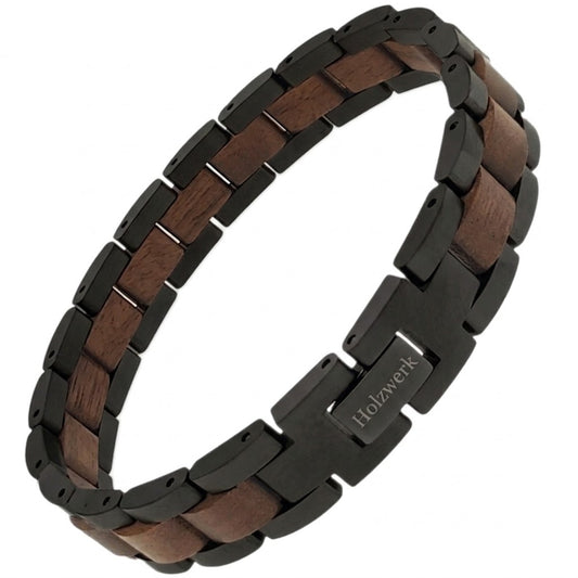 Holzwerk JUESSEE schwarz-braunes  Holz Armband aus Walnussholz und Edelstahl mit Gliederkonstruktion Schrägansicht