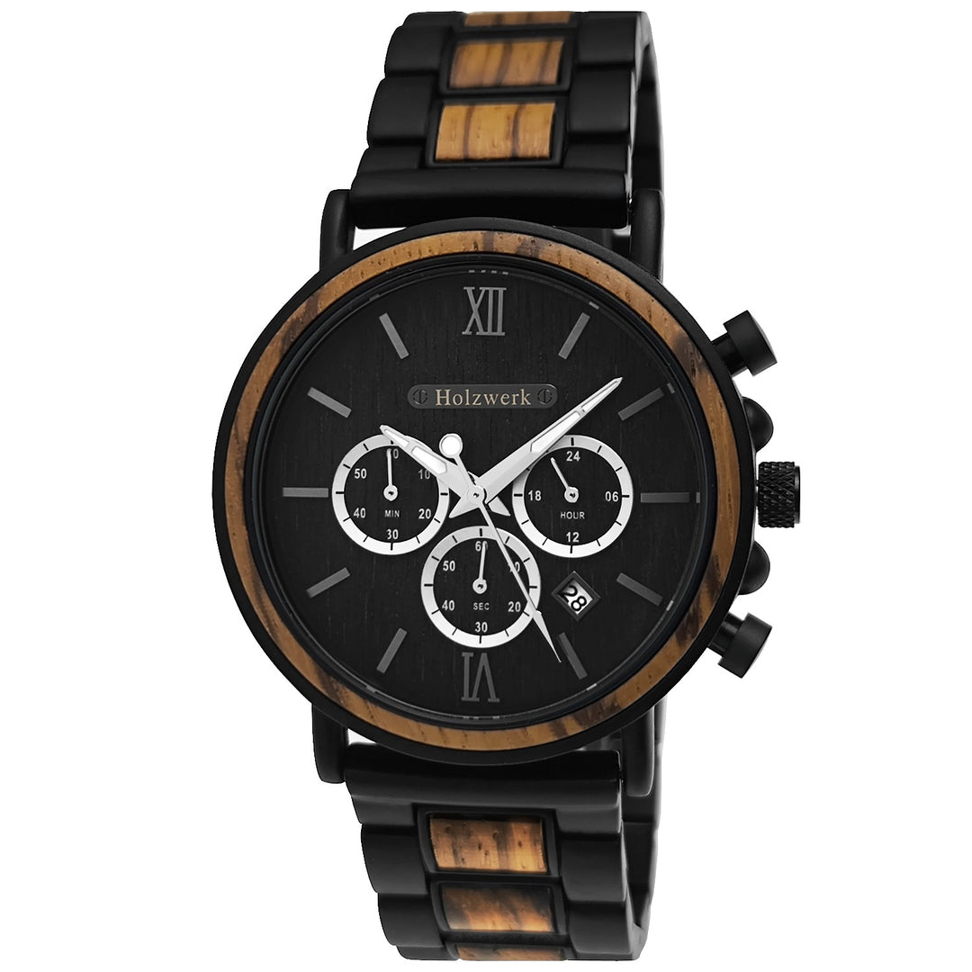 Holzwerk KERPEN Holz Uhr Chronograph mit Datum, schwarz, beige