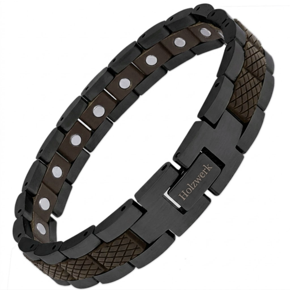 Holzwerk LANGESEE schwarz-braunes  Holz Armband aus Walnussholz und Edelstahl mit Gliederkonstruktion Schrägansicht