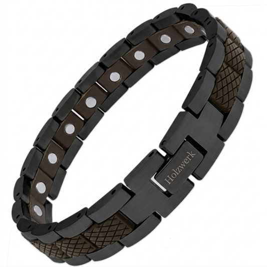 Holzwerk LANGESEE schwarz-braunes  Holz Armband aus Walnussholz und Edelstahl mit Gliederkonstruktion Schrägansicht