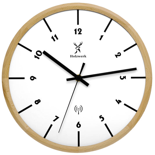 Holzwerk MARBURG Holz Funkwanduhr, moderne Designer Wanduhr, 25 cm Holz Funk Wand Uhr lautlos ohne Tick Geräusche, beige, weiß, schwarz, Hauptbild