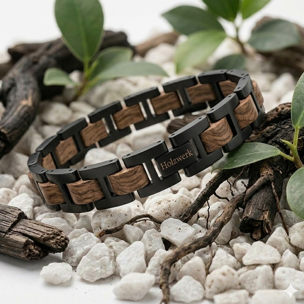 Holzwerk NIERSEE braun-schwarzes Holz Armband aus Zebraholz und Edelstahl mit Gliederkonstruktion, Lifestyle Foto