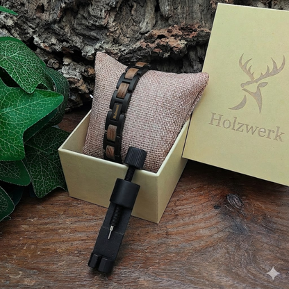 Holzwerk NIERSEE braun-schwarzes Holz Armband aus Zebraholz und Edelstahl mit Gliederkonstruktion in Holzwerk Verpackung