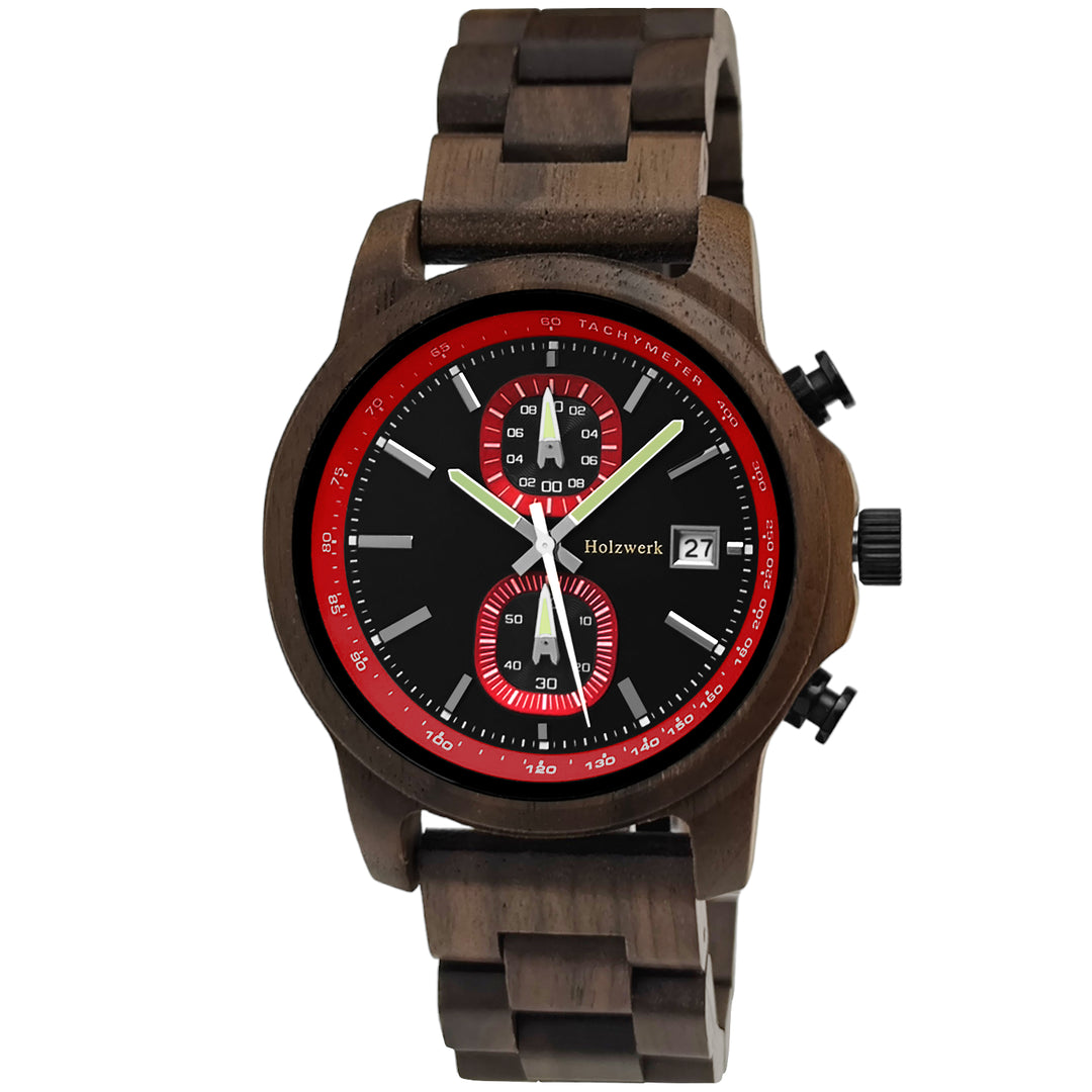 Holzwerk ROTENBURG Holz Uhr Chronograph mit Datum, schwarz, rot