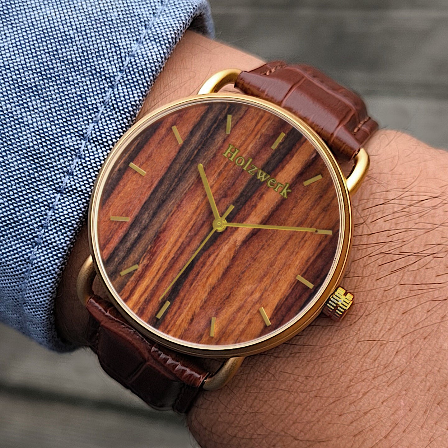 Holzwerk SARSTEDT moderne Leder & Edelstahl Holz Uhr, gold, braun, am Handgelenk