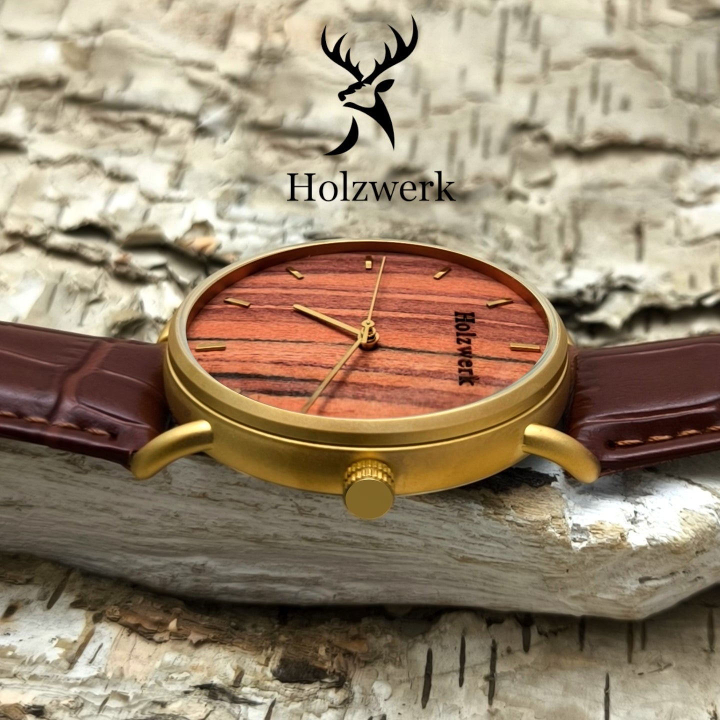Holzwerk SARSTEDT moderne Leder & Edelstahl Holz Uhr, gold, braun, seitlich liegend