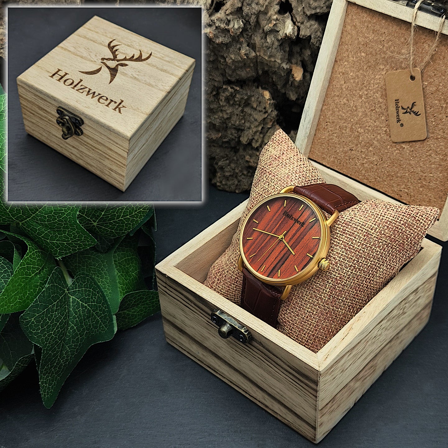Holzwerk SARSTEDT moderne Leder & Edelstahl Holz Uhr, gold, braun, Uhrenbox