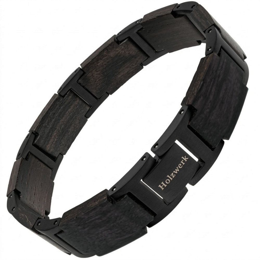 Holzwerk SCHILFSEE schwarz-braunes Holz Armband aus Ebonyholz und Edelstahl mit Gliederkonstruktion Frontansicht