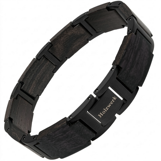 Holzwerk SCHILFSEE schwarz-braunes Holz Armband aus Ebonyholz und Edelstahl mit Gliederkonstruktion Frontansicht