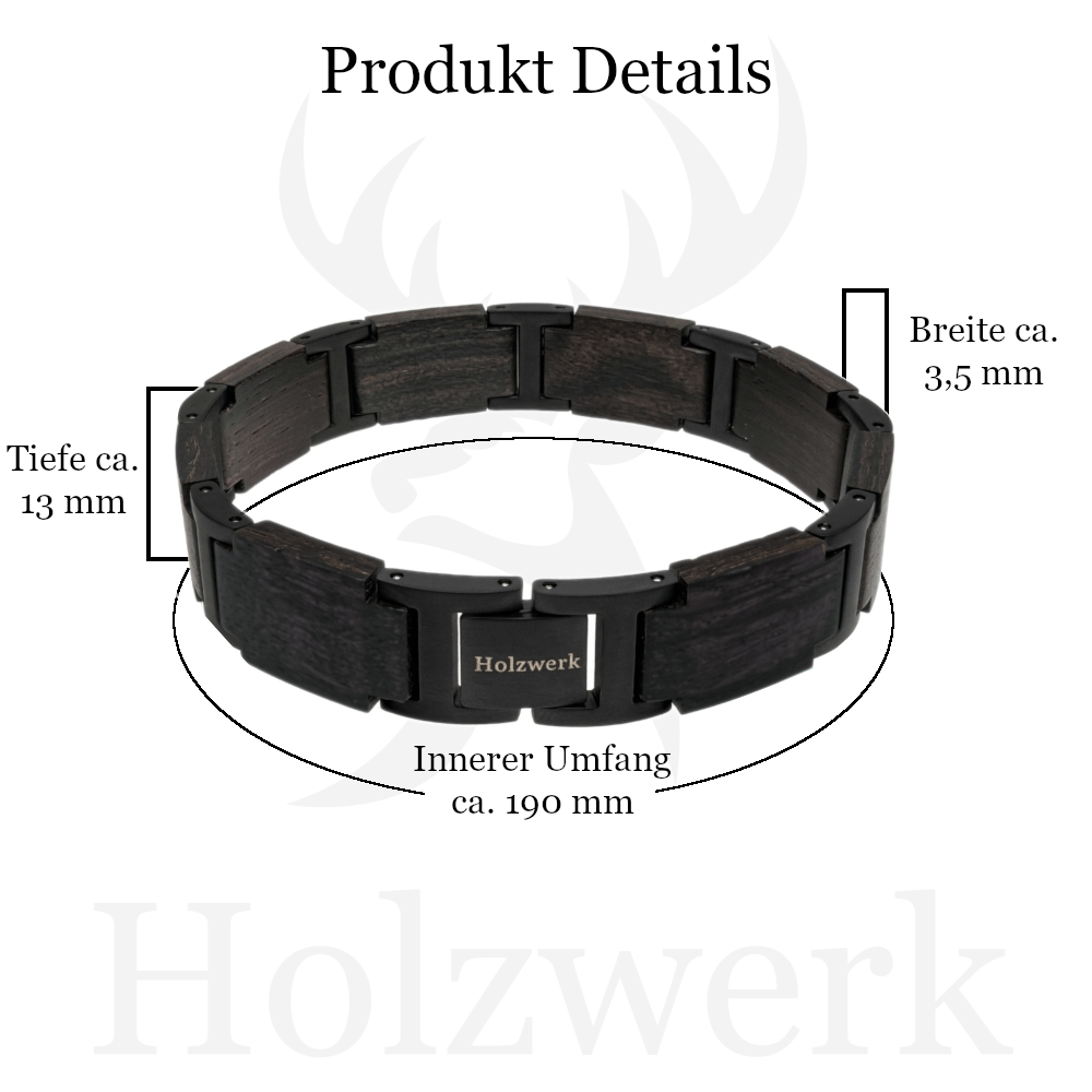 Holzwerk SCHILFSEE schwarz-braunes Holz Armband aus Ebonyholz und Edelstahl mit Maßangaben