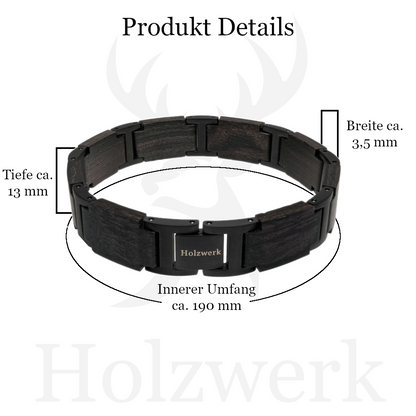 Holzwerk SCHILFSEE schwarz-braunes Holz Armband aus Ebonyholz und Edelstahl mit Maßangaben