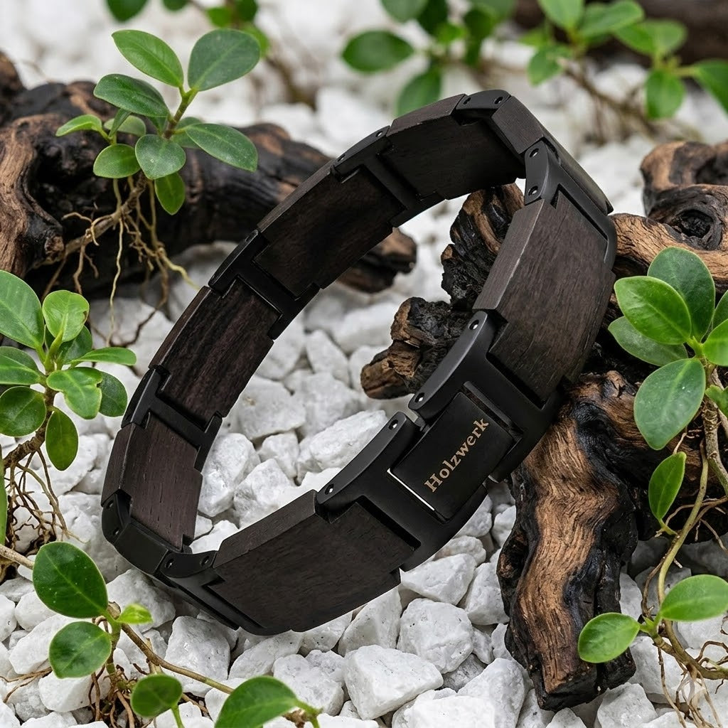 Holzwerk SCHILFSEE schwarz-braunes Holz Armband aus Ebonyholz und Edelstahl, Lifestyle Foto in Natur Umgebung