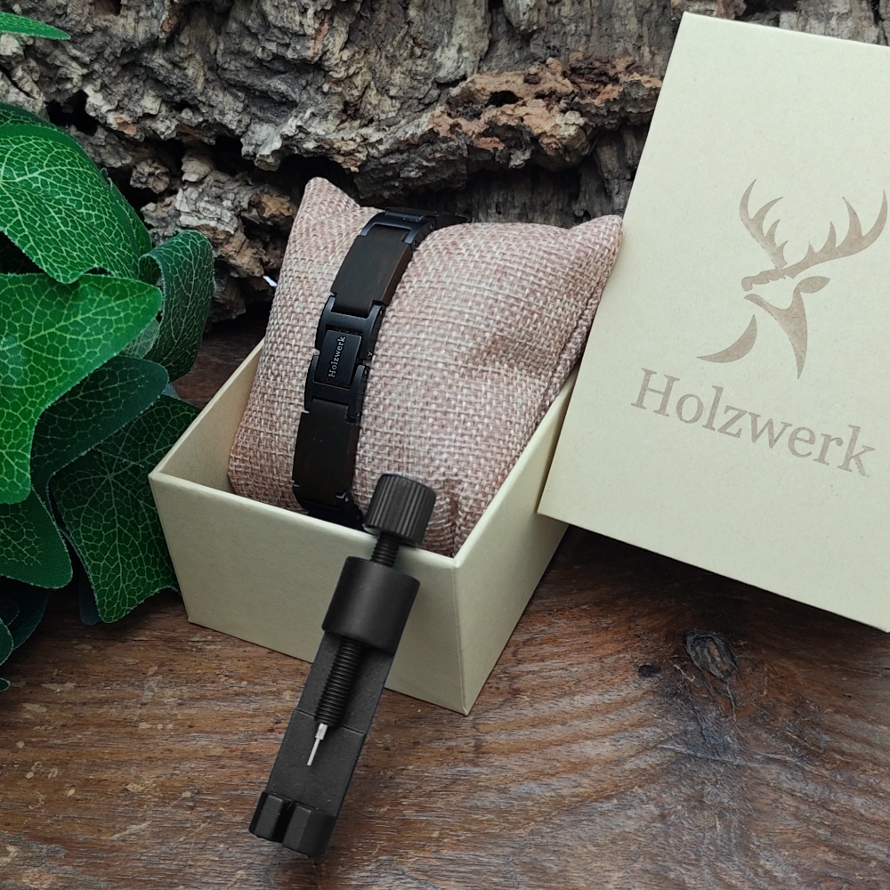 Holzwerk SCHILFSEE schwarz-braunes Holz Armband aus Ebonyholz und Edelstahl in Holzwerk Uhrenbox mit Armbandkürzer
