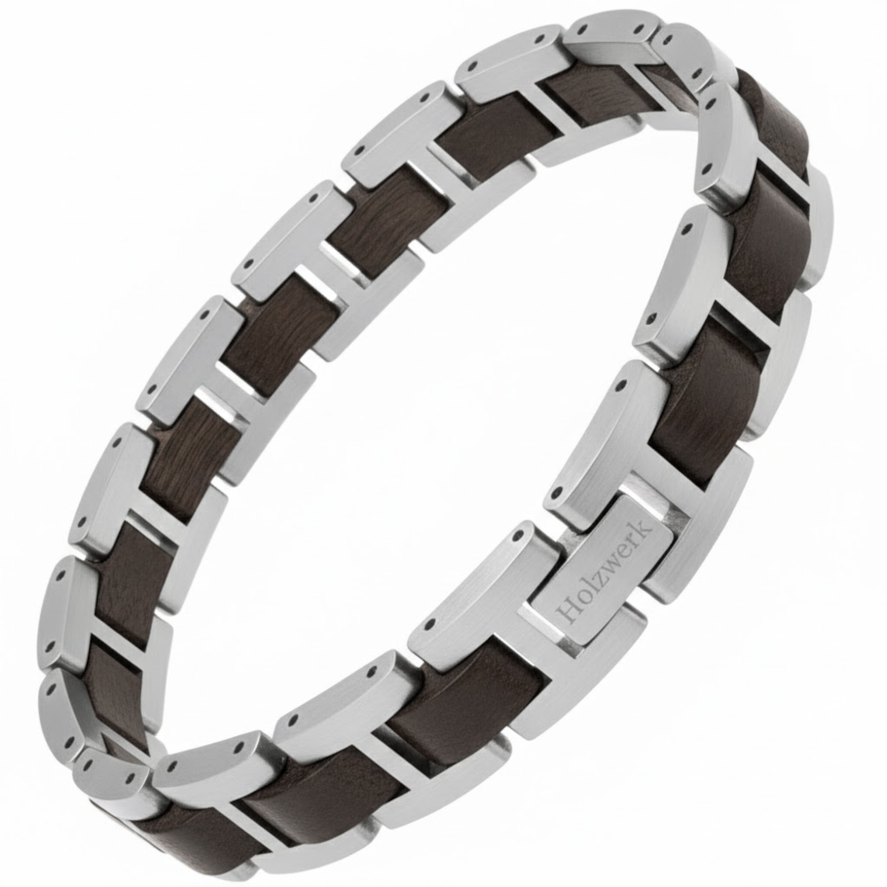 Holzwerk SILBERSEE silber-braunes  Holz Armband aus Zebraholz und Edelstahl mit Gliederkonstruktion Frontansicht