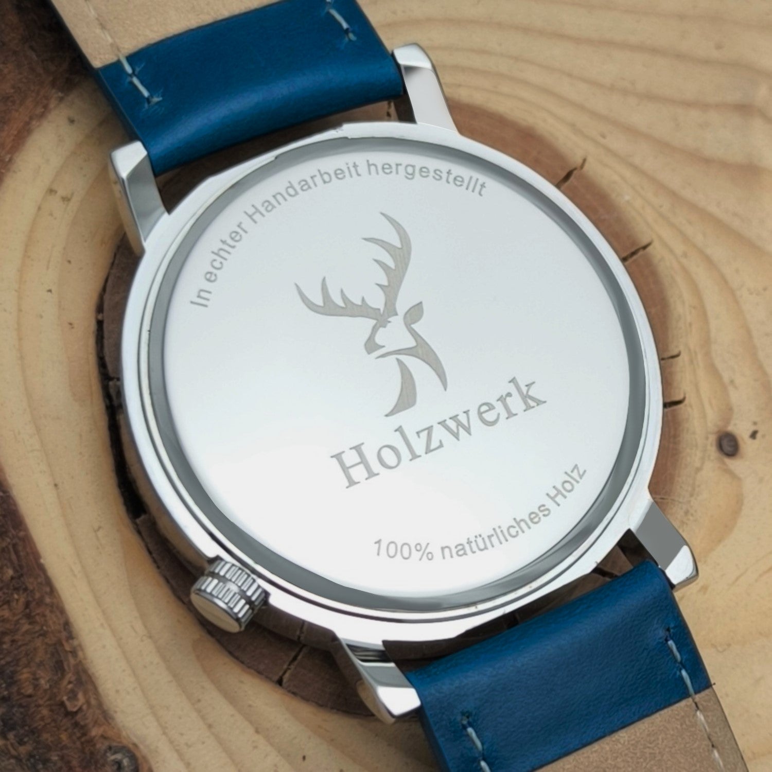 Holzwerk SEELZE Leder & Edelstahl Datum Holz Uhr, türkis blau, silber, Gehäuseboden