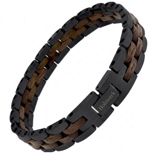 Holzwerk TREIBSEE schwarz-braunes  Holz Armband aus Walnussholz und Edelstahl mit Gliederkonstruktion Schrägansicht