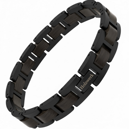 Holzwerk UNTERSEE schwarzes  Holz Armband aus Ebonyholz und Edelstahl mit Gliederkonstruktion Frontansicht