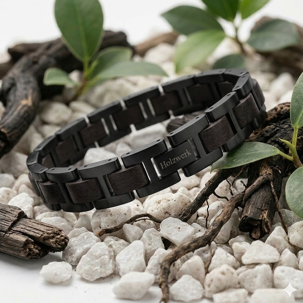 Holzwerk UNTERSEE schwarzes  Holz Armband aus Ebonyholz und Edelstahl, Lifestyle Foto in Holzumgebung