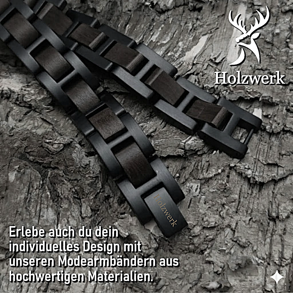 Holzwerk UNTERSEE schwarzes  Holz Armband aus Ebonyholz und Edelstahl, Detailansicht der Gliederkonstruktion