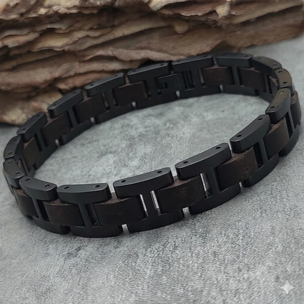 Holzwerk UNTERSEE schwarzes  Holz Armband aus Ebonyholz und Edelstahl, Lifestyle Foto Frontal
