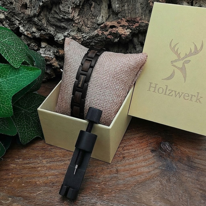Holzwerk UNTERSEE schwarzes Holz Armband aus Ebonyholz und Edelstahl in Holzwerk Verpackung mit Armbandkürzer