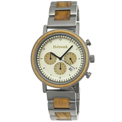 Holzwerk VIERSEN Holz Uhr Chronograph mit Datum in silber, beige, weiß