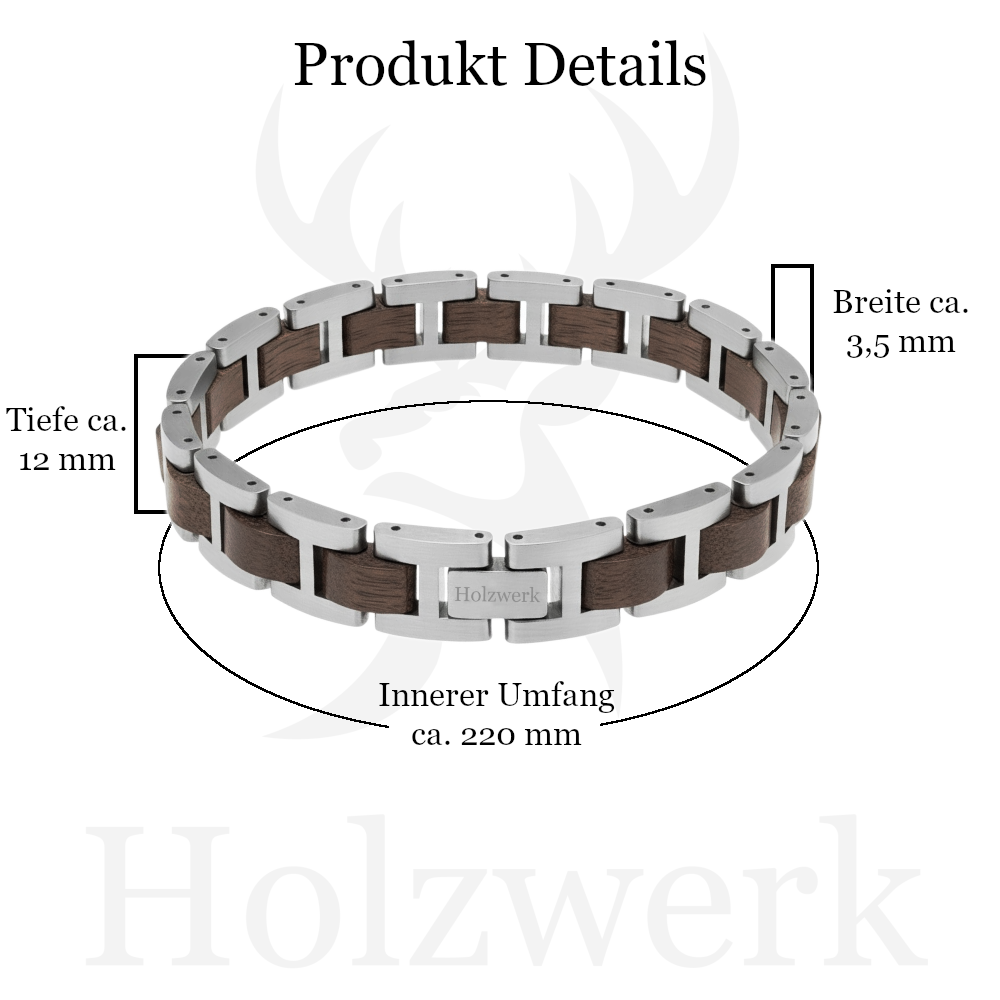 Holzwerk WERLSEE silber & braunes Holz Armband aus Walnussholz und Edelstahl mit Maßangaben