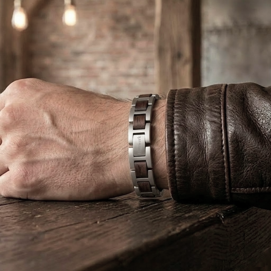 Holzwerk WERLSEE silber & braunes Holz Armband aus Walnussholz und Edelstahl am Handgelenk getragen