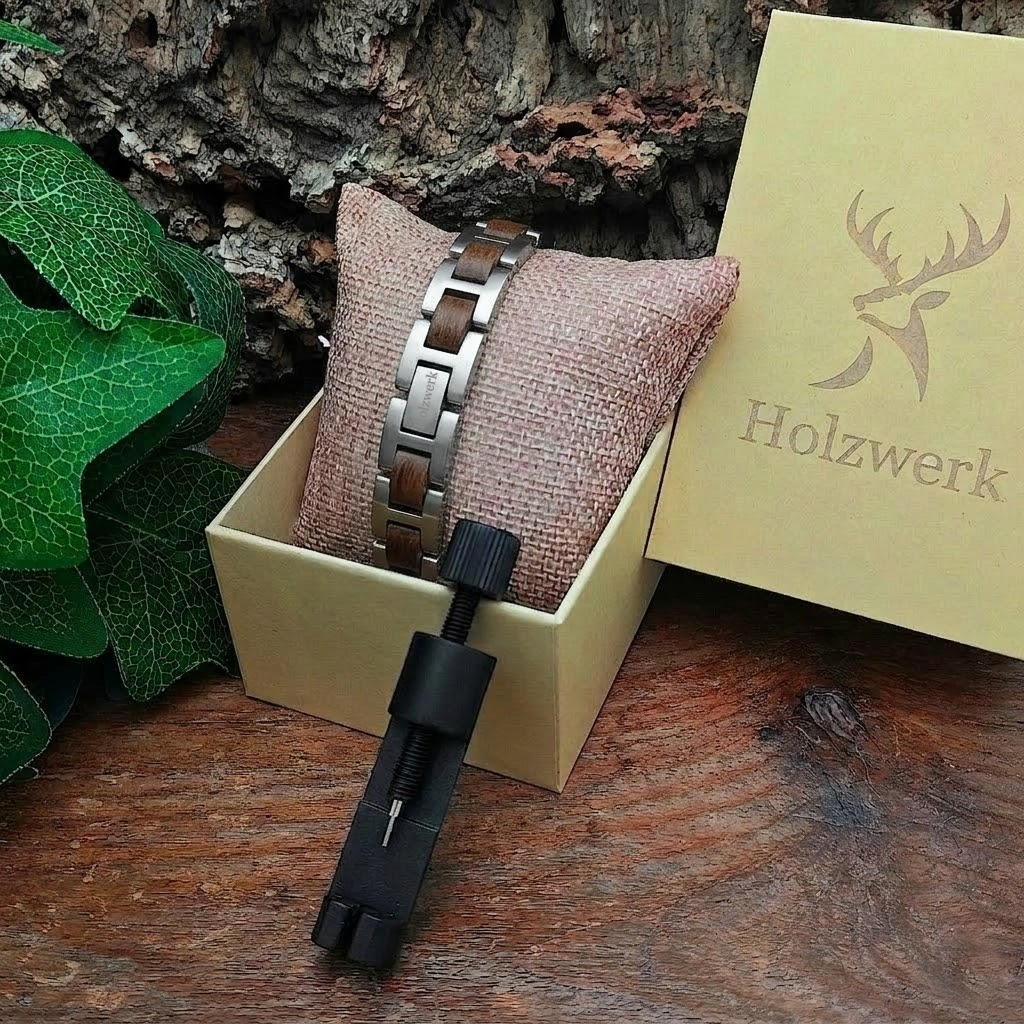 Holzwerk WERLSEE silber & braunes Holz Armband aus Walnussholz und Edelstahl in Holzwerk Verpackung