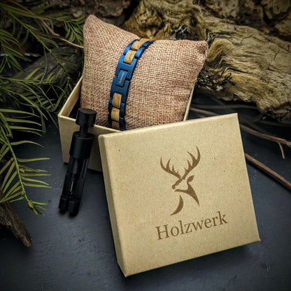 Holzwerk CHIEMSEE Damen und Herren Holz & Edelstahl Armband in blau, beige, Aufbewahrungsbox mit Armbandkürzer