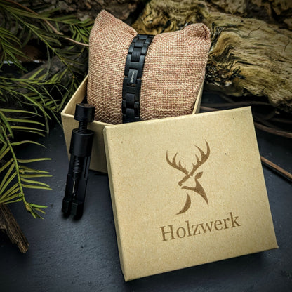 Holzwerk BODENSEE Damen und Herren Holz & Edelstahl Armband in schwarz, Aufbewahrungsbox mit Armbandkürzer