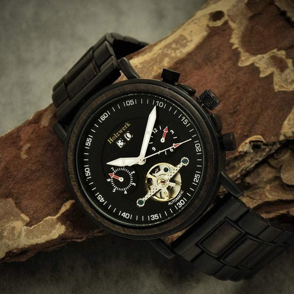Holzwerk DARGUN Edelstahl & Holz Automatik Uhr mit Datum in schwarz